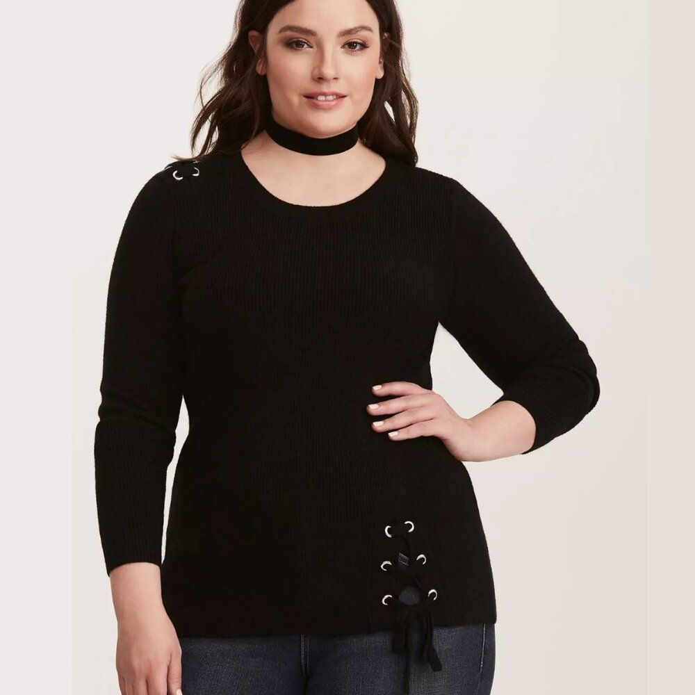 Black Grommet Lace Up Detailed Sweater - Torrid Size 2 - Never Worn
